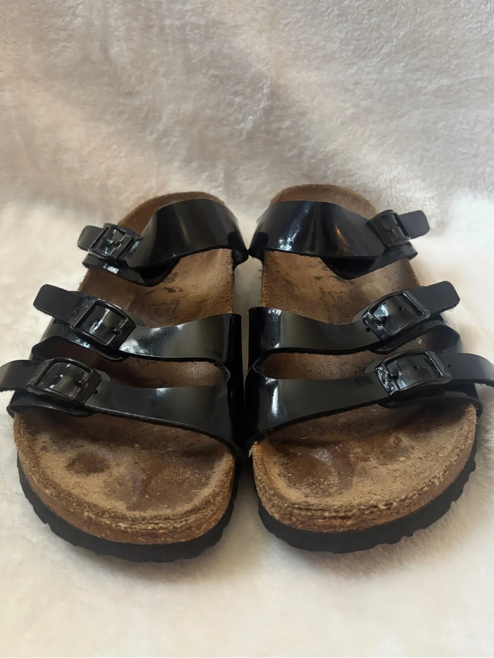 Birkenstock Florida Black Patent Sandals Womens Size 5 Triple Strap Slides Worn - Picture 2 of 4